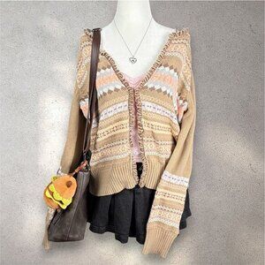 Y2K Crazy Horse Liz Claiborne Cardigan Womens XL Tan Knit Ruffle Cottage Oatmeal